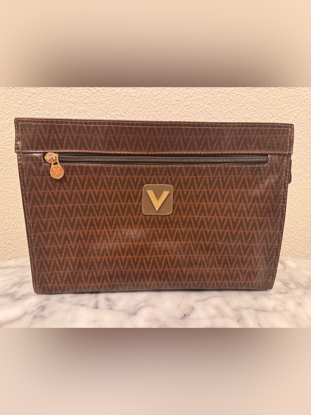 Valentino Brown Monogram Bag Gold V Logo